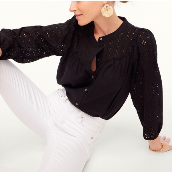 J. Crew Tops - J.CREW Black Mixed Media Eyelet Blouse with Balloon Sleeve and button detail